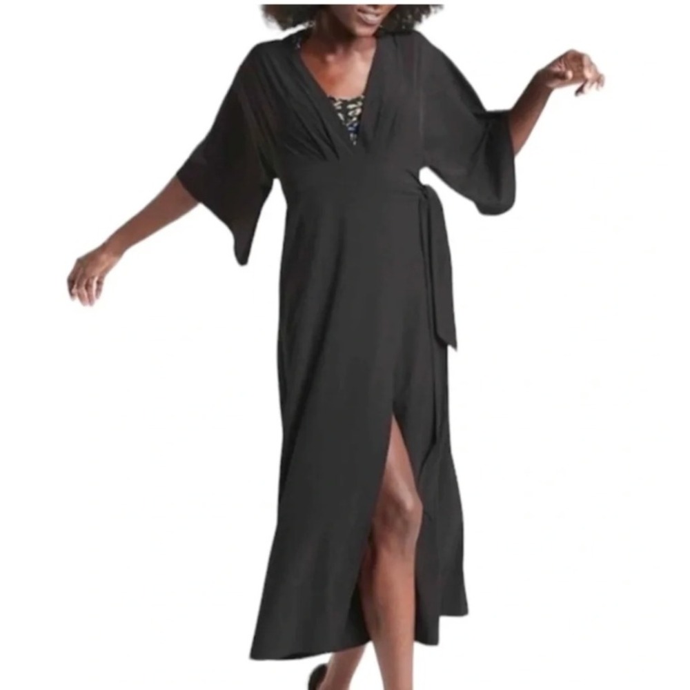 Athleta Calistoga Wrap Maxi Dress Sz M Minimalist Black Kimono Sleeve Tie Waist